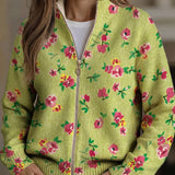 Lauren - Cardigan à Fleurs Roses et Zippé Citron Vert